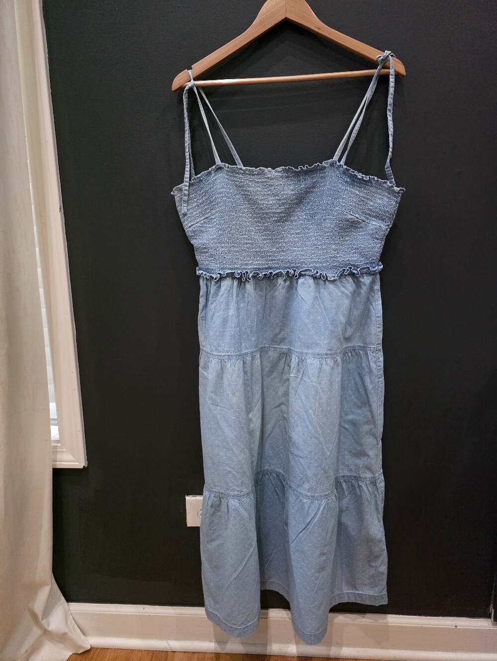 Madewell Denim Tie-Strap Smocked Tiered Midi Dress XL Style AO0332 Blue Cotton